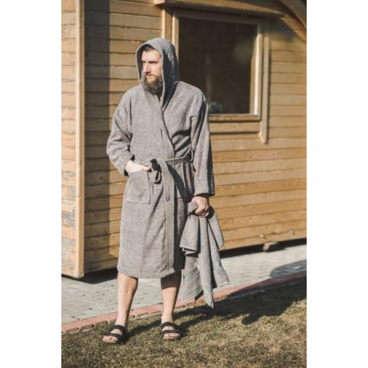 Kokvilnas halāts ar kapuci, pelēks XXL