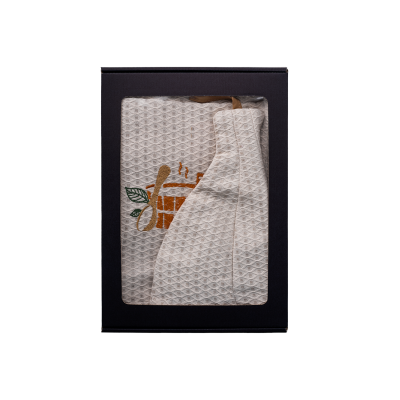 Dāvanu komplekts dāvanu kastītē VIŅAM. Vīriešu pirts cepure un priekšauts - LINS, izšūts