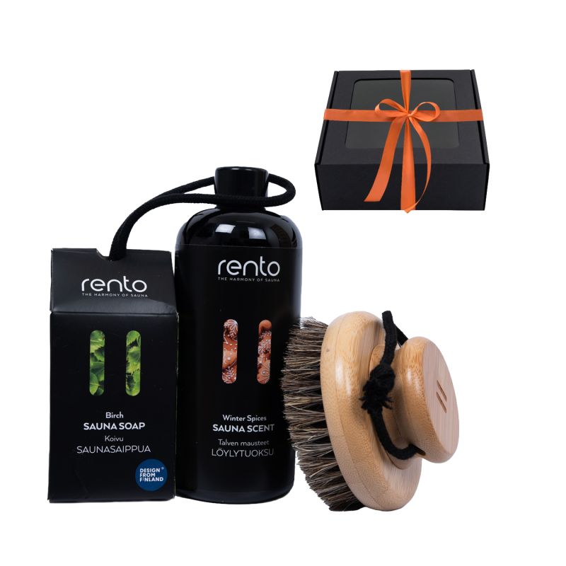 Dāvanu komplekts dāvanu kastītē ZIEMAS GARŠVIELAS. Smaržu esence, ķermeņa birste un ziepes.