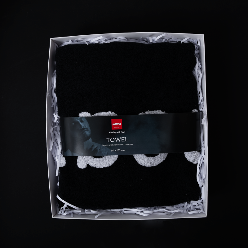 Dvielis HARVIA #healingwithheat dāvanu kastītē, 90 x 170 cm, melns